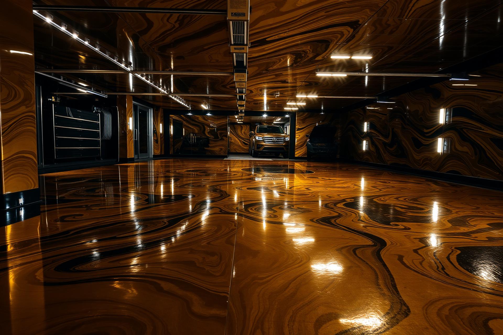 Luxury metallic epoxy floor with dramatic reflections in a high-end garage
